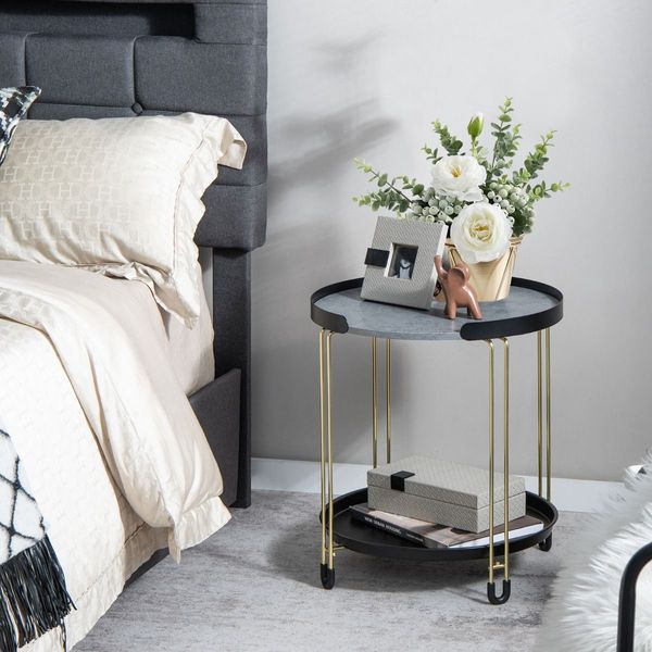 2-Tier Round Side Table with Removable Tray for Living Room, Bedroom