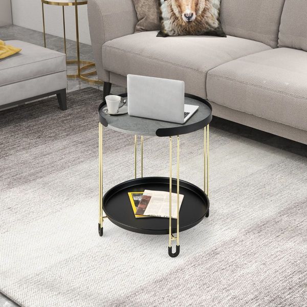 2-Tier Round Side Table with Removable Tray for Living Room, Bedroom