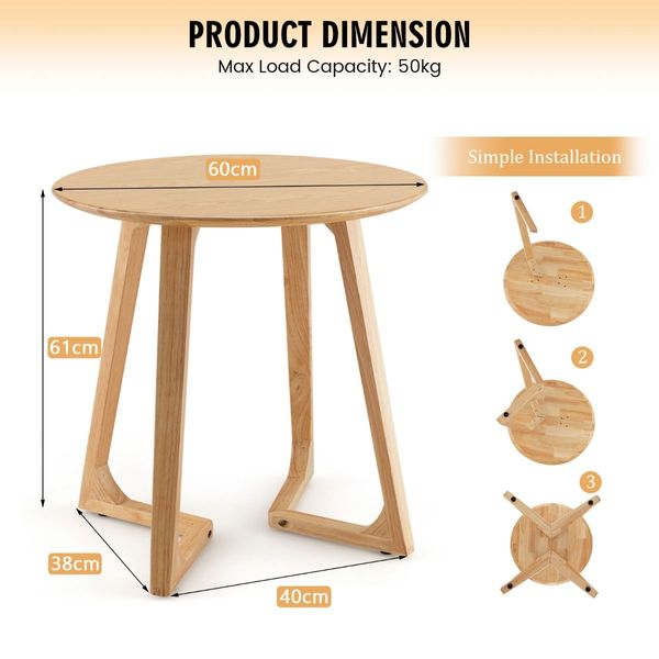 60cm Rubber Wood Round End Table with Adjustable Foot Pads