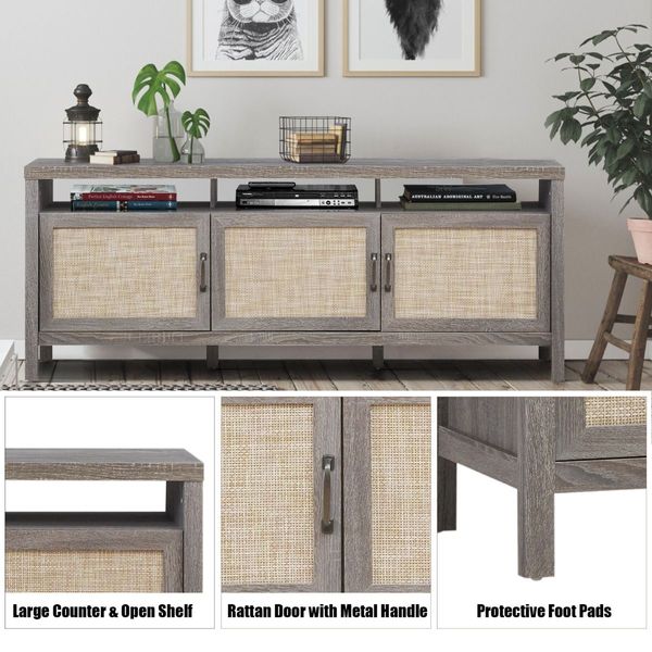 Rattan TV Stand with 3 Rattan Doors for Living Room