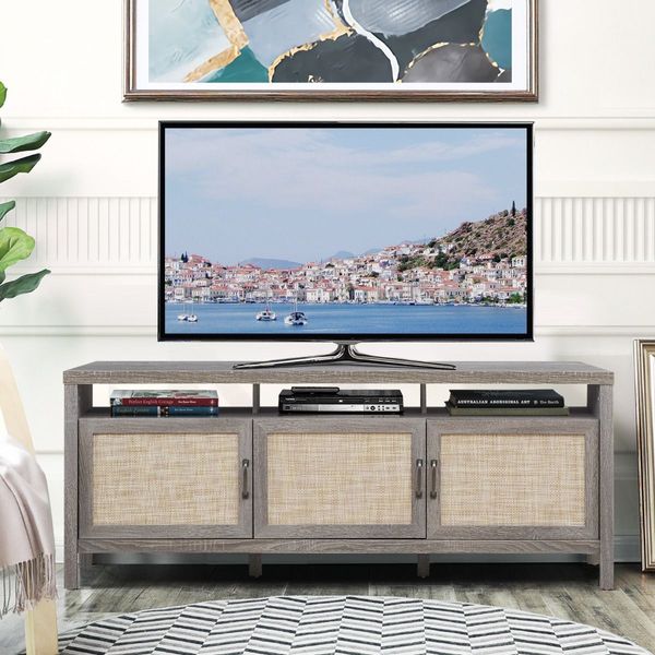 Rattan TV Stand with 3 Rattan Doors for Living Room