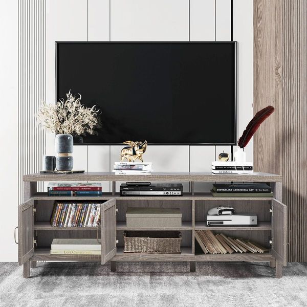 Rattan TV Stand with 3 Rattan Doors for Living Room