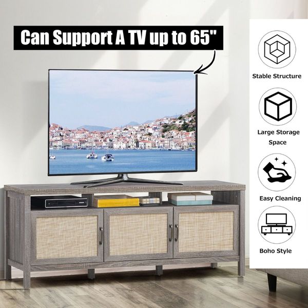 Rattan TV Stand with 3 Rattan Doors for Living Room