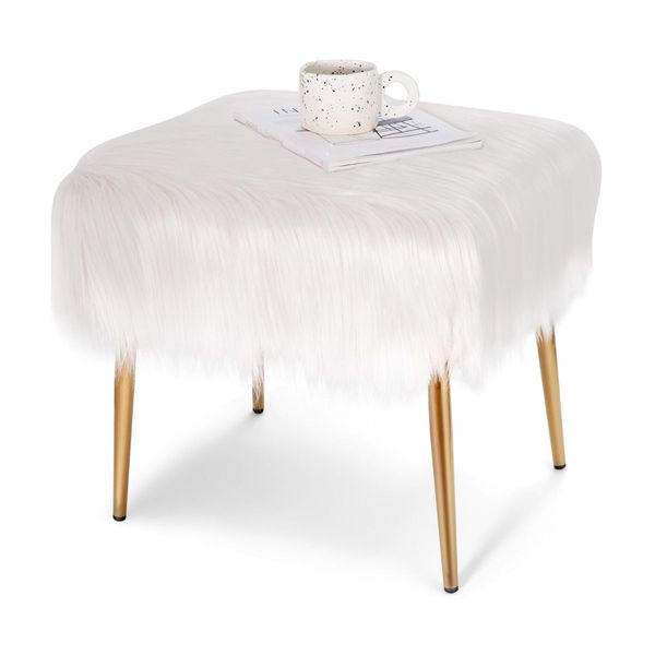 Square Furry Ottoman Seat with Golden Metal Legs