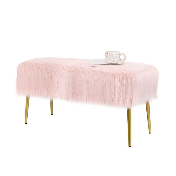 Faux Fur Ottoman Bench with Golden Legs