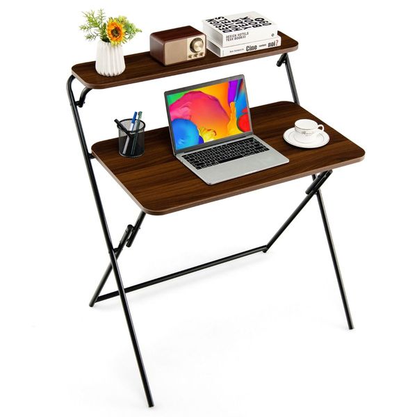 2-Tier Modern Folding Computer Desk with Shelf for Home Office