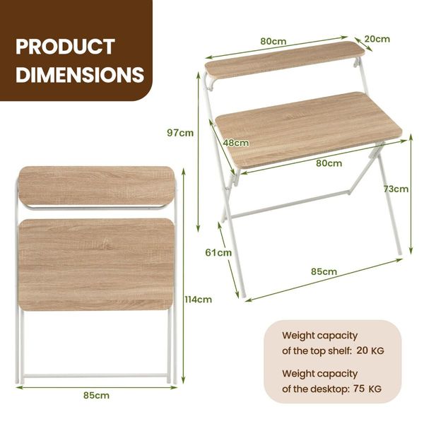 2-Tier Modern Folding Computer Desk with Shelf for Home Office