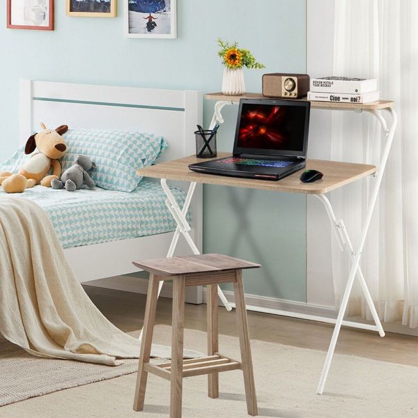 2-Tier Modern Folding Computer Desk with Shelf for Home Office