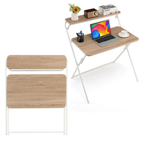 2-Tier Modern Folding Computer Desk with Shelf for Home Office