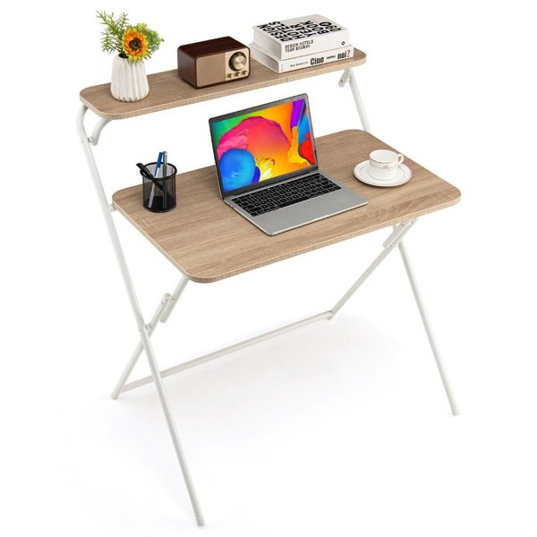 2-Tier Modern Folding Computer Desk with Shelf for Home Office