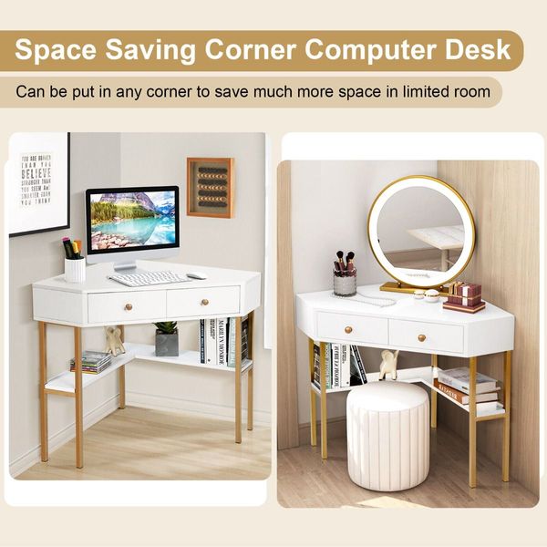 Corner Computer Desk with 2 Large Drawers & Storage Shelf for Office