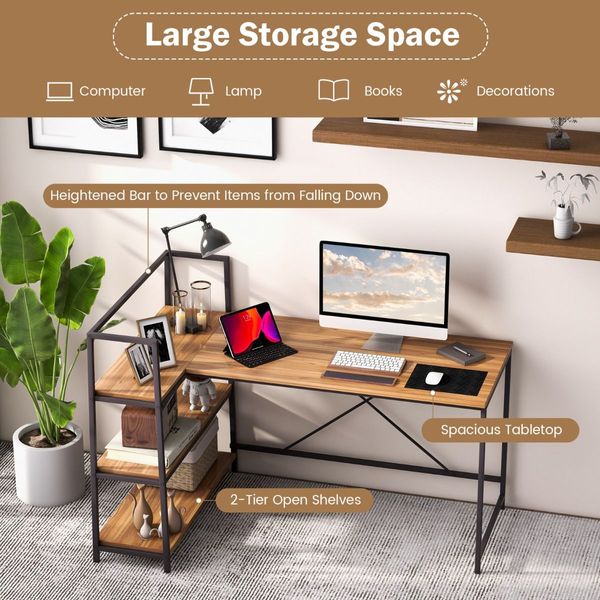 L-Shaped Computer Desk with 3-Tier Storage Shelf for Office