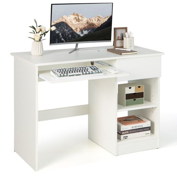 White Desk with Drawer and Adjustable Storage Shelves for Bedroom/Office