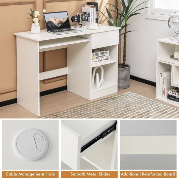 White Desk with Drawer and Adjustable Storage Shelves for Bedroom/Office