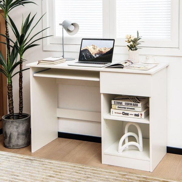 White Desk with Drawer and Adjustable Storage Shelves for Bedroom/Office