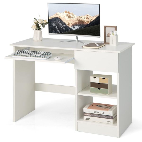 White Desk with Drawer and Adjustable Storage Shelves for Bedroom/Office