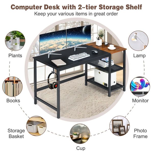 Industrial Computer Desk with 2-tier Storage Shelf for Home Office