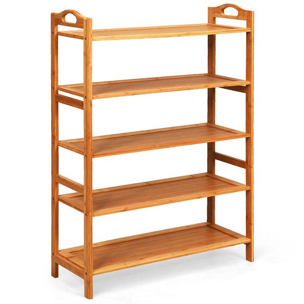 5-Tier Bamboo Shoe Rack with Two Rounded Handles for Entryway