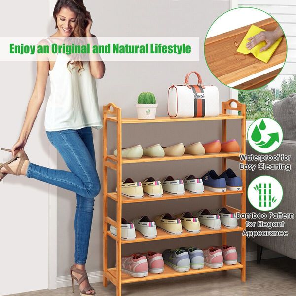 5-Tier Bamboo Shoe Rack with Two Rounded Handles for Entryway