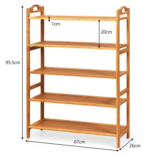 5-Tier Bamboo Shoe Rack with Two Rounded Handles for Entryway