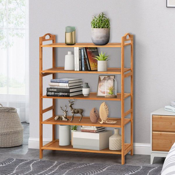 5-Tier Bamboo Shoe Rack with Two Rounded Handles for Entryway