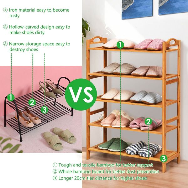 5-Tier Bamboo Shoe Rack with Two Rounded Handles for Entryway