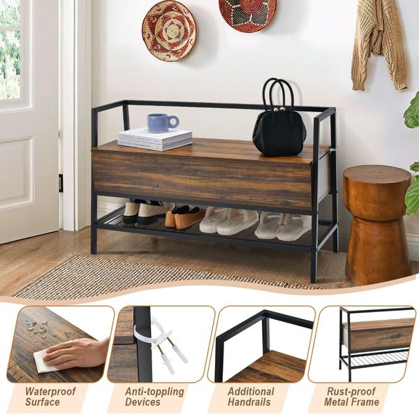 Industrial Shoe Bench with Hidden Storage Space for Hallway