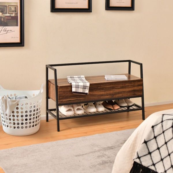 Industrial Shoe Bench with Hidden Storage Space for Hallway