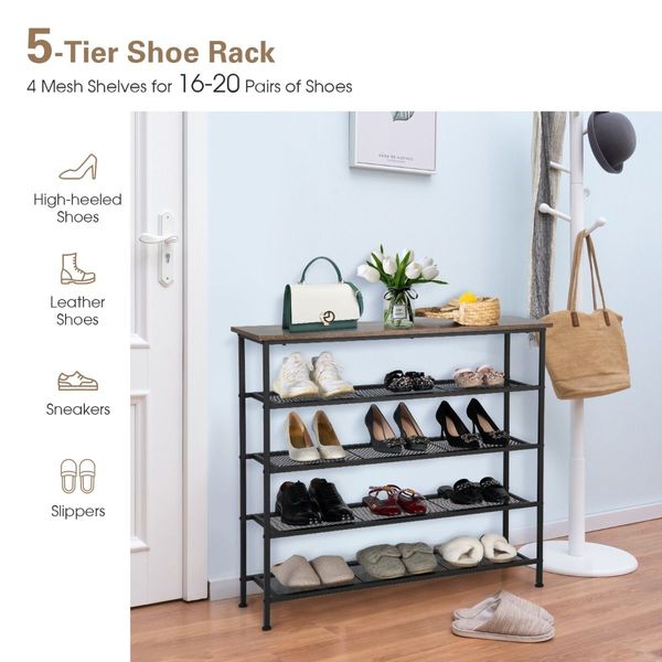 5-Tier Shoe Rack with Wooden Top and Adjustable Feet for Living Room