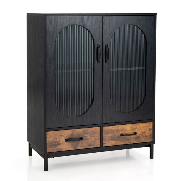 Industrial Floor Buffet Sideboard with Tempered Glass Doors & 2 Drawers