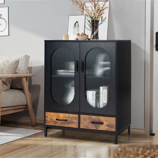 Industrial Floor Buffet Sideboard with Tempered Glass Doors & 2 Drawers