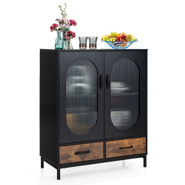 Industrial Floor Buffet Sideboard with Tempered Glass Doors & 2 Drawers