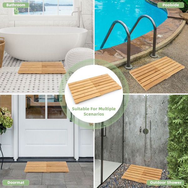 Folding Bamboo Bath Mat with Non-Slip Feet for Shower Sauna and Spa-Natural