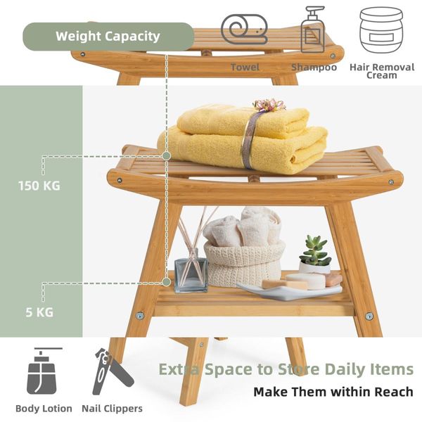 Bamboo Shower Seat Bench with Foot Stool for Indoor & Outdoor