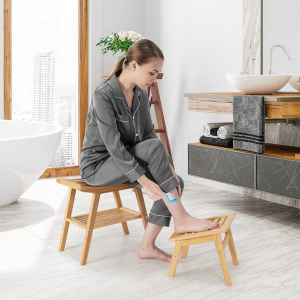 Bamboo Shower Seat Bench with Foot Stool for Indoor & Outdoor