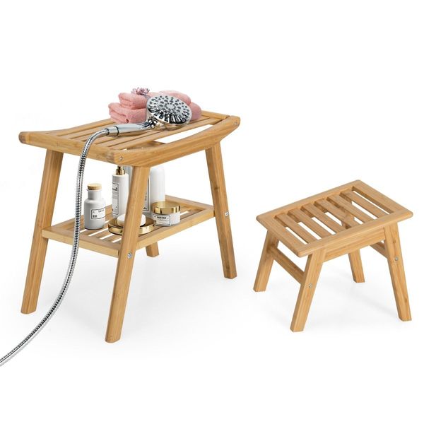 Bamboo Shower Seat Bench with Foot Stool for Indoor & Outdoor