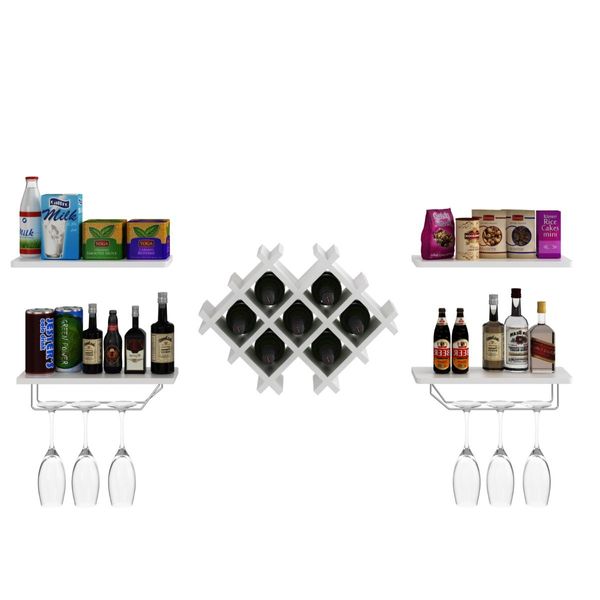 Set of 5 Wall Mount Wine Rack Set with Storage Shelves and Glass Holder