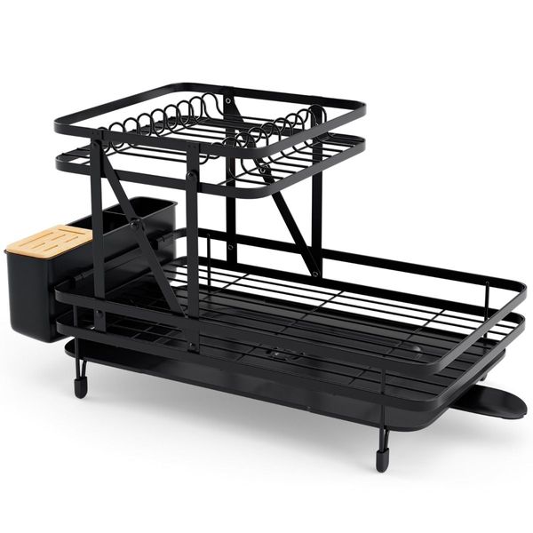 2-Tier Metal Dish Drainer with Utensil Holder and Removable Drip Tray for Kitchen