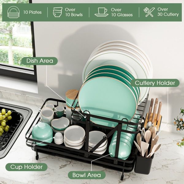 2-Tier Metal Dish Drainer with Utensil Holder and Removable Drip Tray for Kitchen