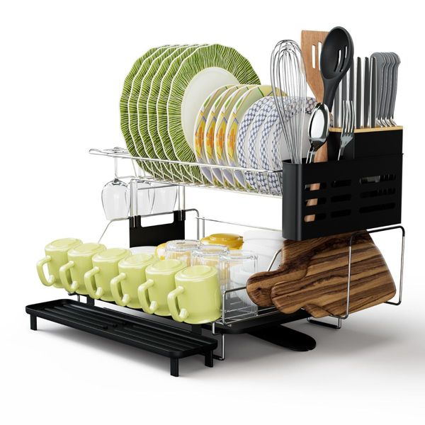 2-Tier Detachable Dish Drying Rack with Cutlery Holder & 360 degree Swiveling Spout