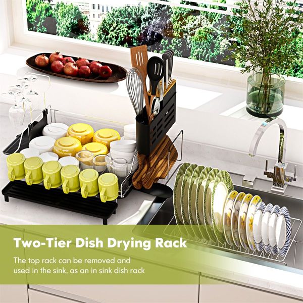 2-Tier Detachable Dish Drying Rack with Cutlery Holder & 360 degree Swiveling Spout