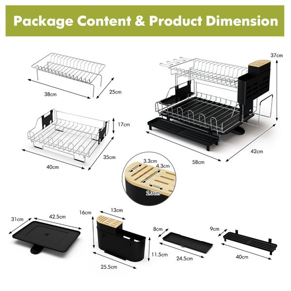 2-Tier Detachable Dish Drying Rack with Cutlery Holder & 360 degree Swiveling Spout