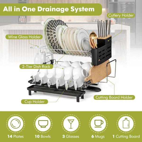 2-Tier Detachable Dish Drying Rack with Cutlery Holder & 360 degree Swiveling Spout