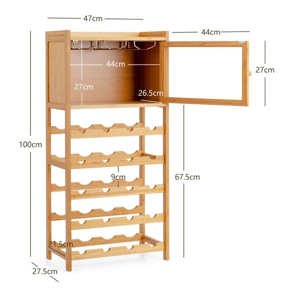 20-Bottle Bamboo Wine Rack Cabinet with Glass Hanger for Bar & Kitchen