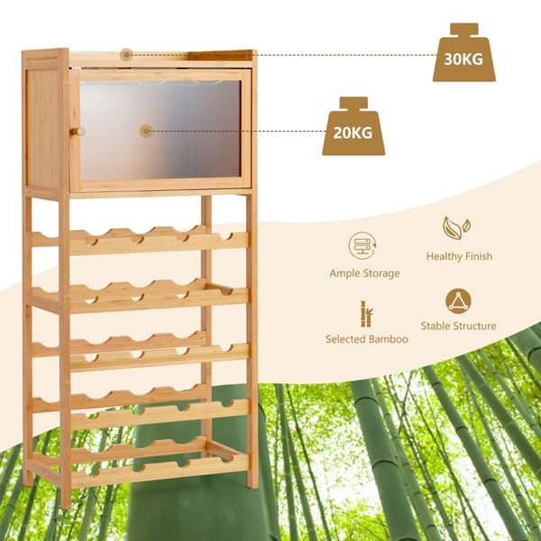 20-Bottle Bamboo Wine Rack Cabinet with Glass Hanger for Bar & Kitchen