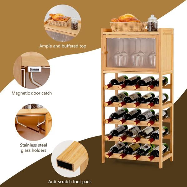 20-Bottle Bamboo Wine Rack Cabinet with Glass Hanger for Bar & Kitchen