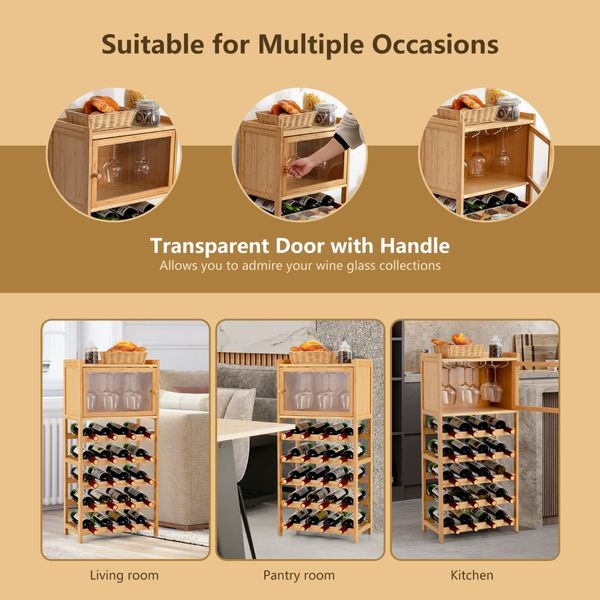 20-Bottle Bamboo Wine Rack Cabinet with Glass Hanger for Bar & Kitchen