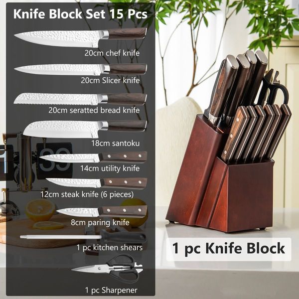 15 Pieces Kitchen Knife Set with Hard Wood Handle