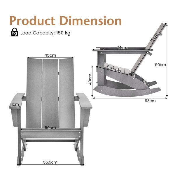 Waterproof Adirondack Rocking Chair with Curved Back And Rounded Armrest for Balcony/Backyard