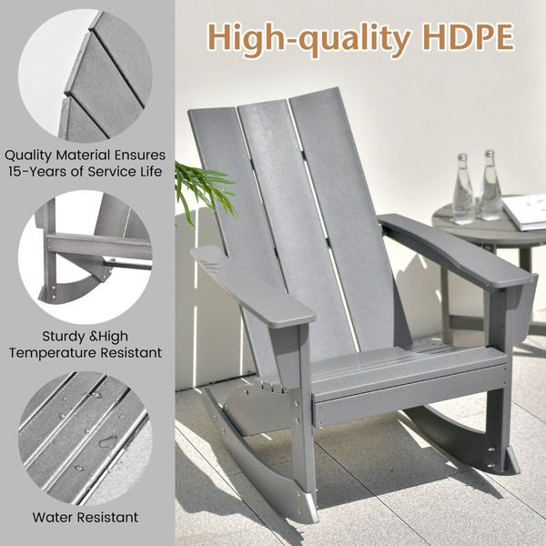 Waterproof Adirondack Rocking Chair with Curved Back And Rounded Armrest for Balcony/Backyard